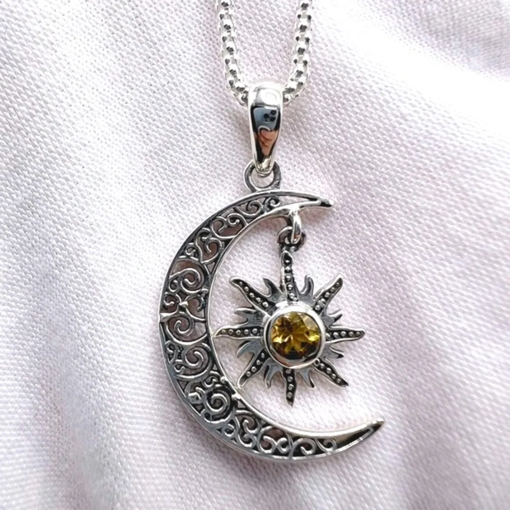 Genuine Citrine .925 Sterling Silver Moon Necklace - Picture 4 of 17
